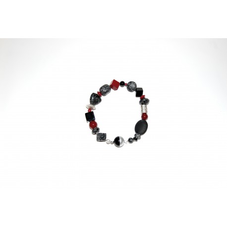 Granitarmband mit Onyx, Koralle und Silberteilen